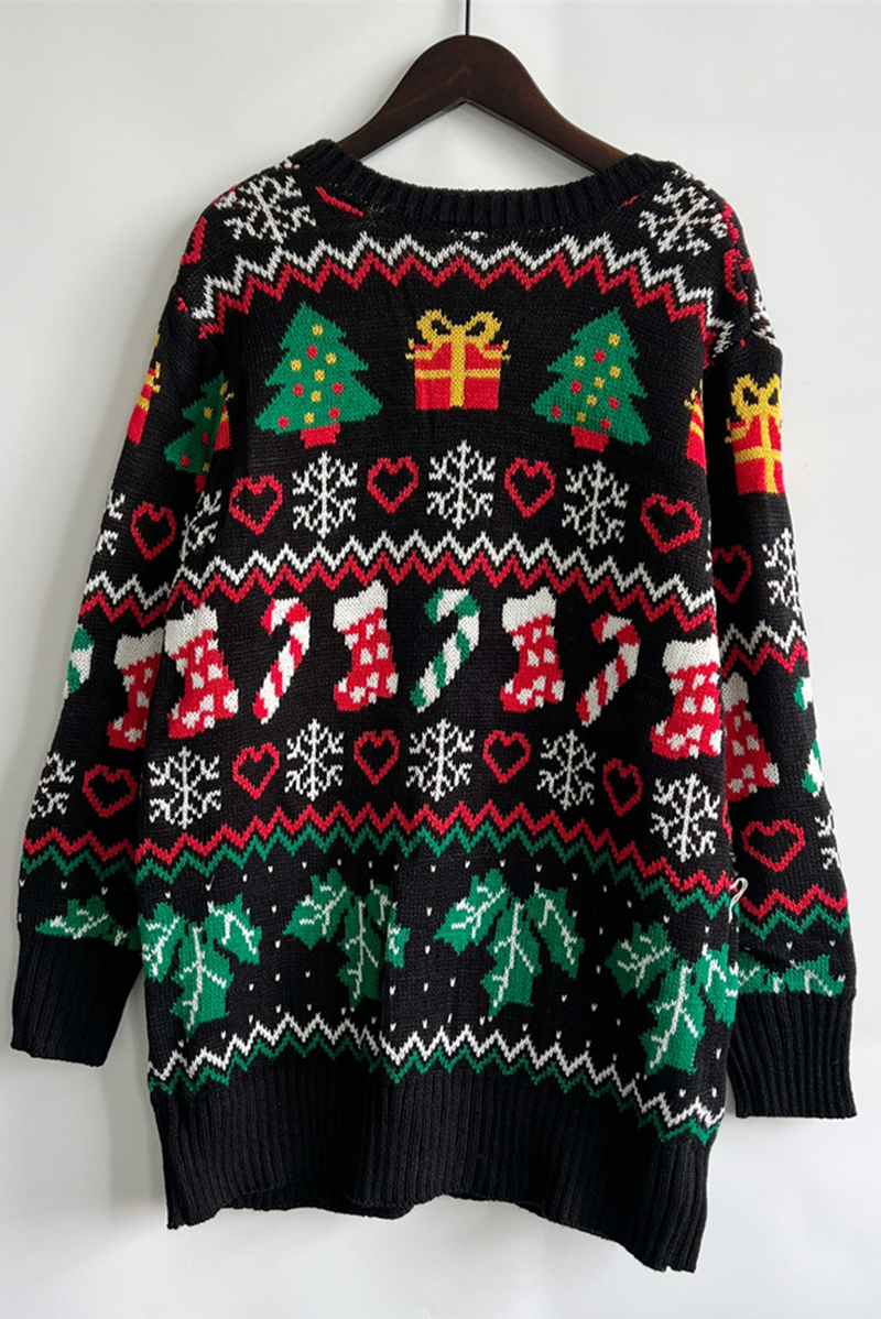 WW | Casual Snowflake Christmas Tree Button Fabric Contrast V-Neck Outerwear