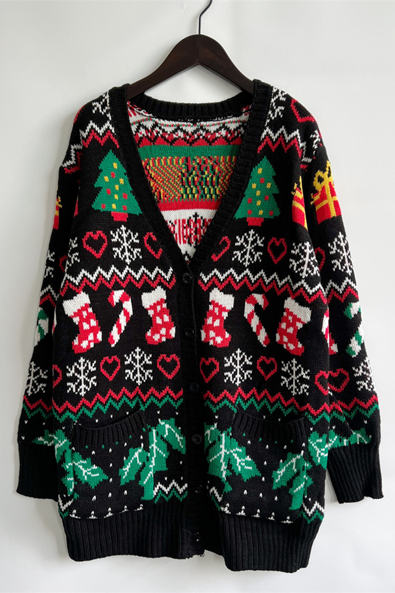 WW | Casual Snowflake Christmas Tree Button Fabric Contrast V-Neck Outerwear
