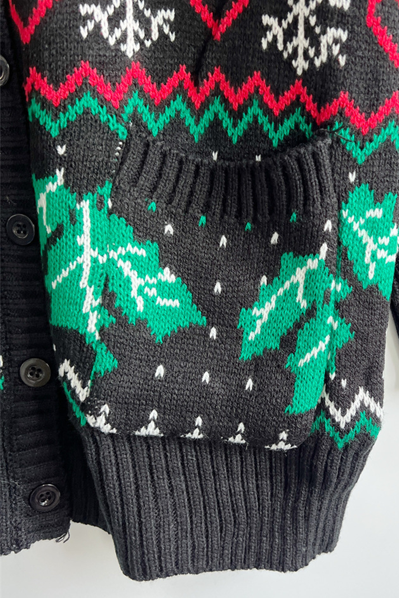 WW | Casual Snowflake Christmas Tree Button Fabric Contrast V-Neck Outerwear