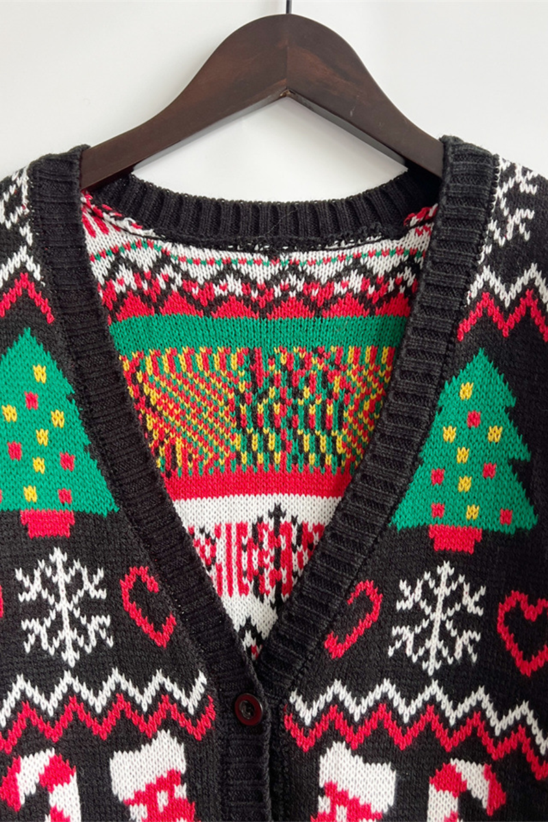 WW | Casual Snowflake Christmas Tree Button Fabric Contrast V-Neck Outerwear