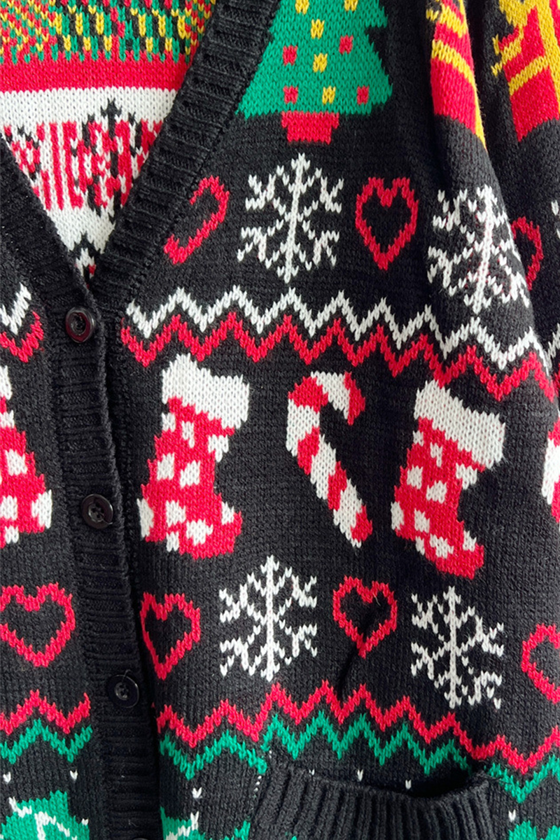 WW | Casual Snowflake Christmas Tree Button Fabric Contrast V-Neck Outerwear