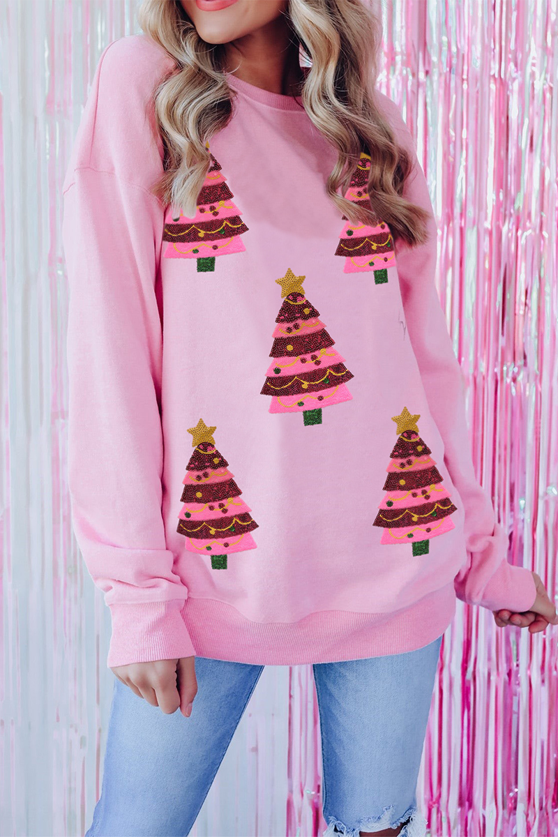 WW | Lässiger Weihnachtbaum bestickte Pailletten Rundhalsausschnitt Sweatshirt