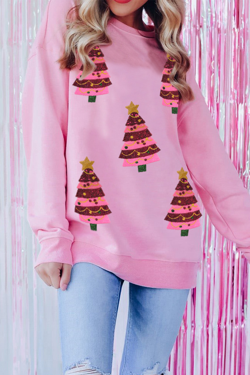 WW | Lässiger Weihnachtbaum bestickte Pailletten Rundhalsausschnitt Sweatshirt