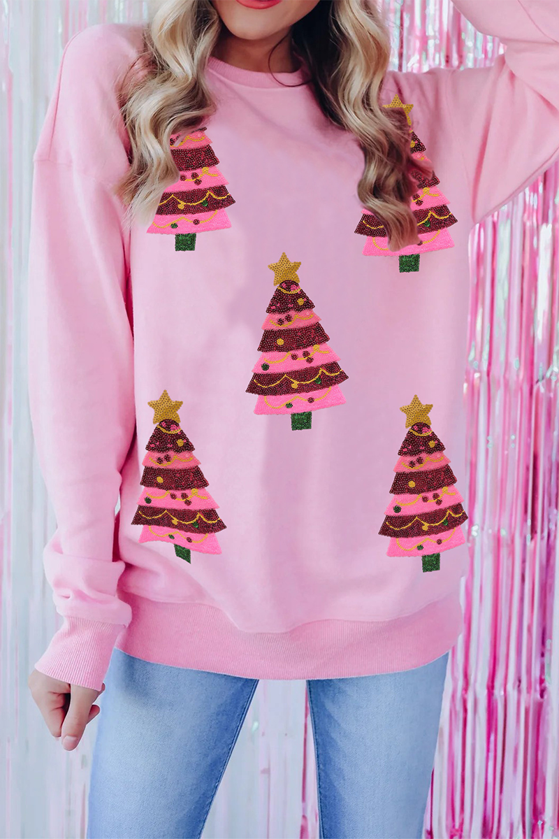 WW | Lässiger Weihnachtbaum bestickte Pailletten Rundhalsausschnitt Sweatshirt