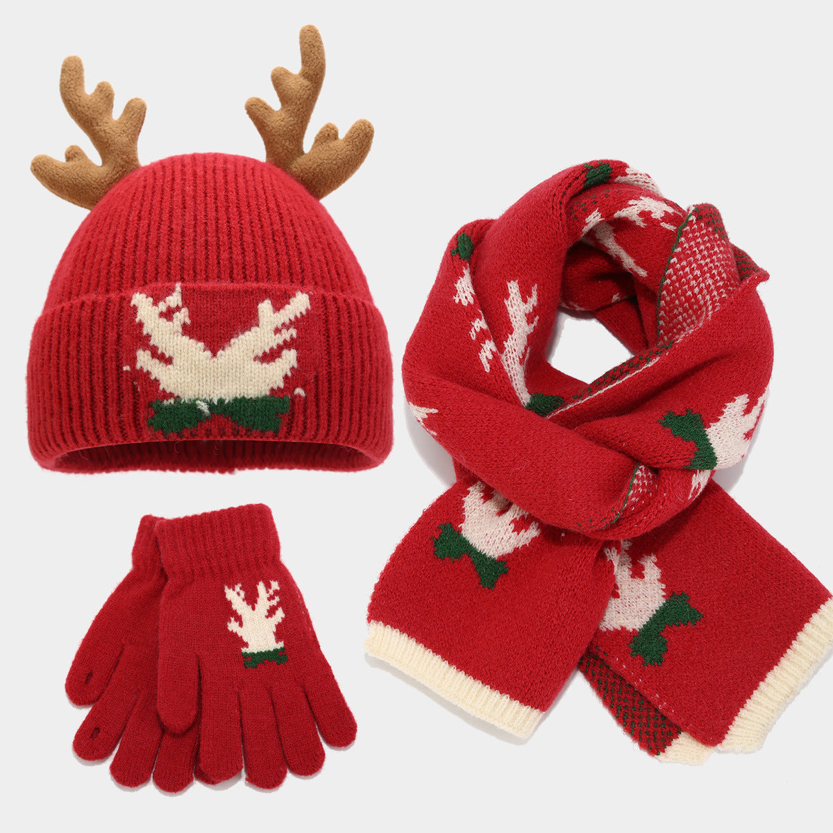 WW | Christmas Reindeer Antler Scarf Hat Gloves Three-piece Set (3 Colors)