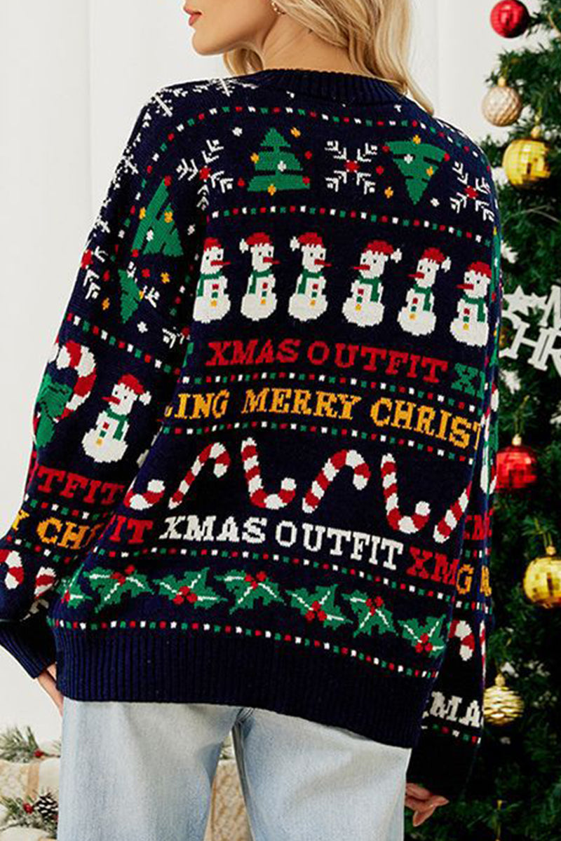 WW | Casual Daily Schneeflocken Weihnachtsbaum Buchstaben Weben Kontrast O Hals Pullover