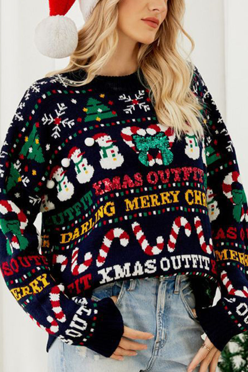 WW | Casual Daily Schneeflocken Weihnachtsbaum Buchstaben Weben Kontrast O Hals Pullover