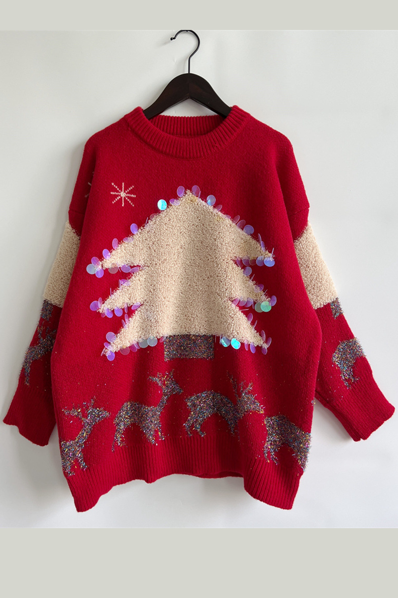 WW | Lässiger Weihnachtsbaum Pailletten Patch Rundhals Pullover
