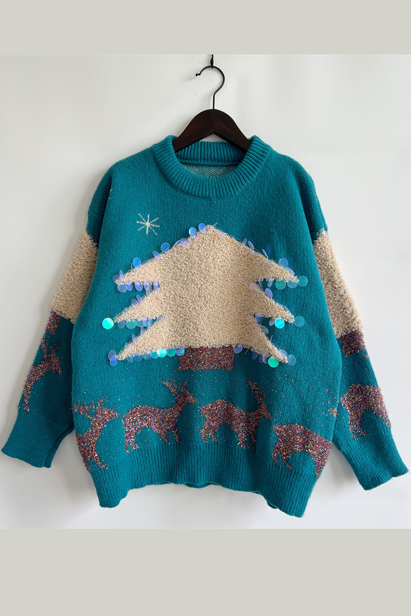 WW | Lässiger Weihnachtsbaum Pailletten Patch Rundhals Pullover