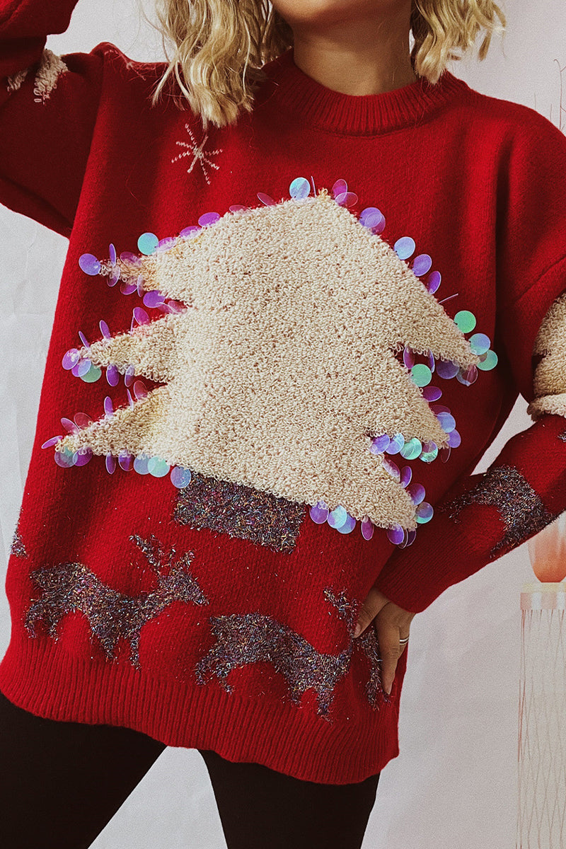 WW | Lässiger Weihnachtsbaum Pailletten Patch Rundhals Pullover