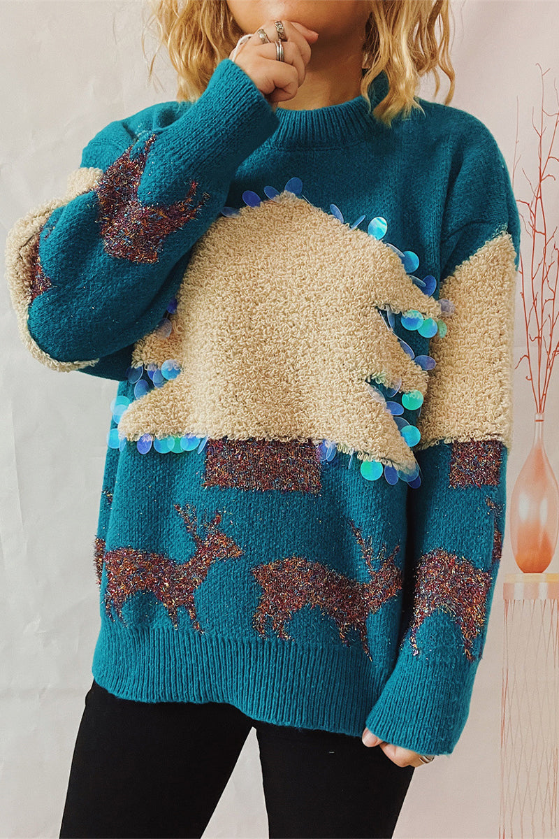 WW | Lässiger Weihnachtsbaum Pailletten Patch Rundhals Pullover