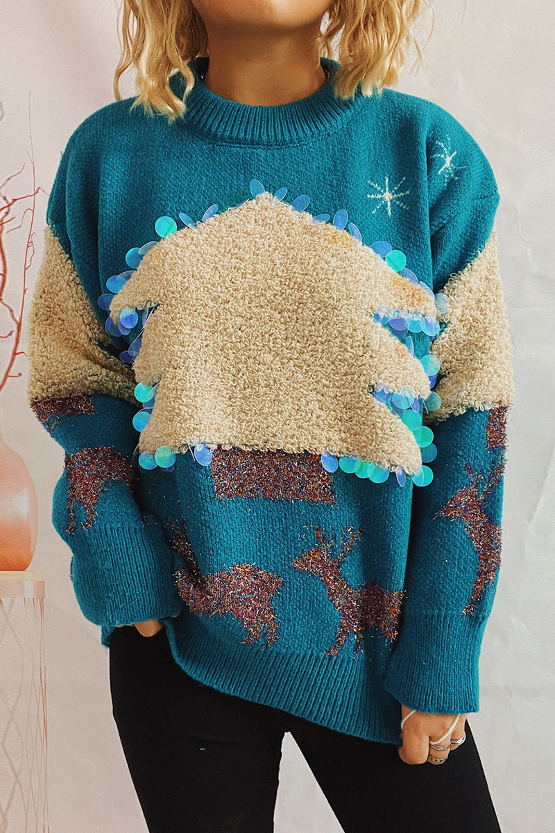 WW | Lässiger Weihnachtsbaum Pailletten Patch Rundhals Pullover