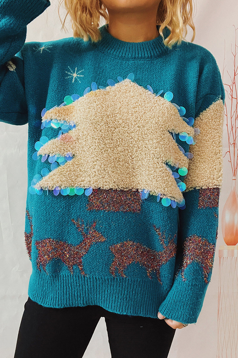 WW | Lässiger Weihnachtsbaum Pailletten Patch Rundhals Pullover