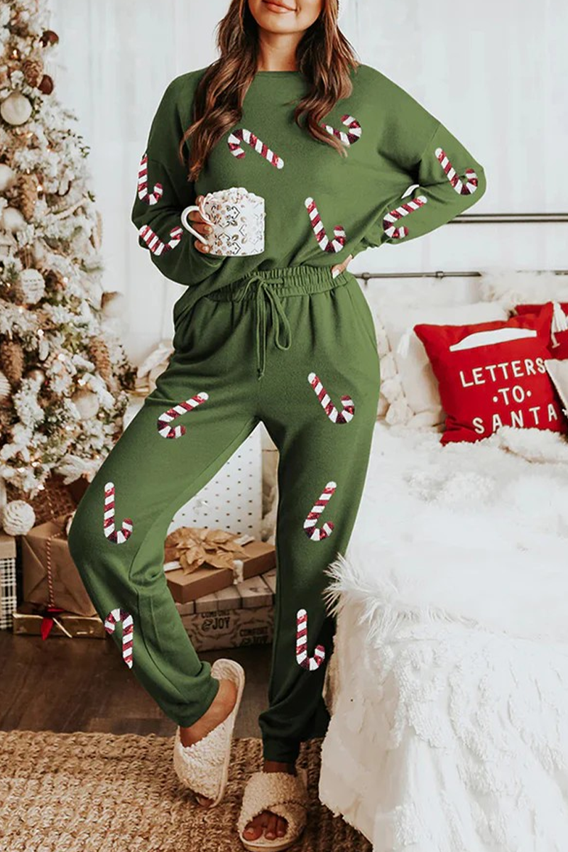 WW | Lässige Party Weihnachtsmann Weihnachtsbaum Süßigkeiten Pailletten Schnürung O-Hals Langarm Zwei Teile (3 Farben)