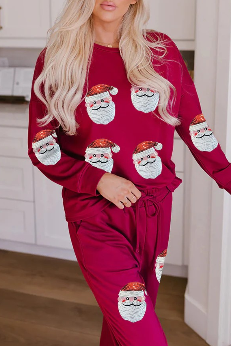 WW | Lässige Party Weihnachtsmann Weihnachtsbaum Süßigkeiten Pailletten Schnürung O-Hals Langarm Zwei Teile (3 Farben)