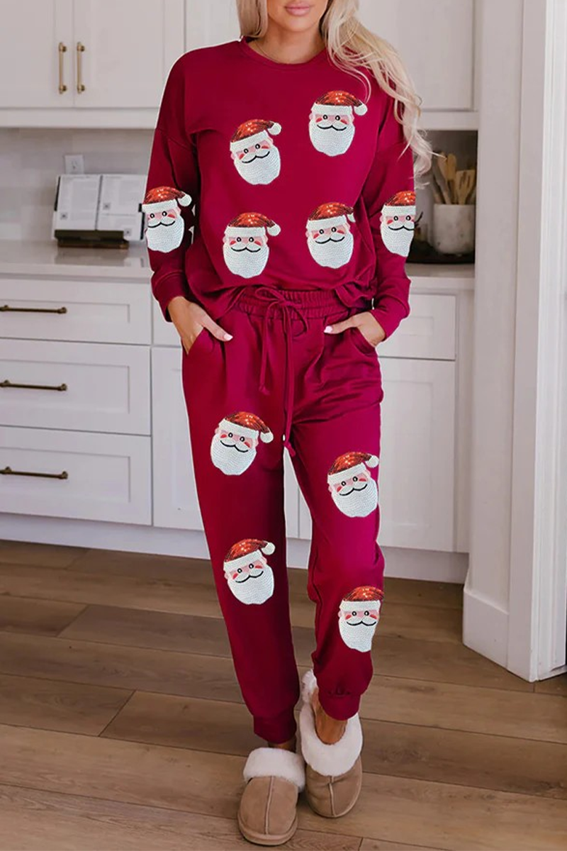 WW | Lässige Party Weihnachtsmann Weihnachtsbaum Süßigkeiten Pailletten Schnürung O-Hals Langarm Zwei Teile (3 Farben)