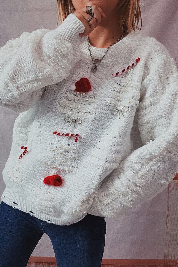WW | Handgemachter Perlen-Weihnachtsthema-Pullover dreidimensionaler dekorativer Pullover