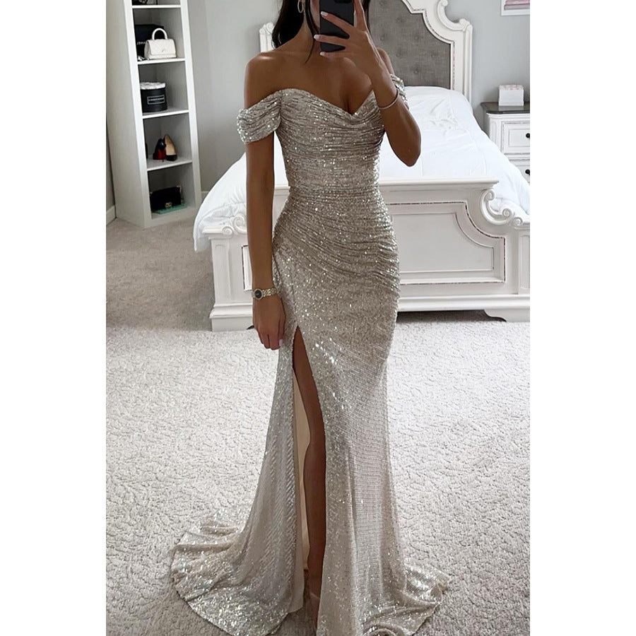 WW | Off-Shoulder Sequin Evening Dress Elegant Party Dress with Slit and Bodycon Fit for Festive Occasions