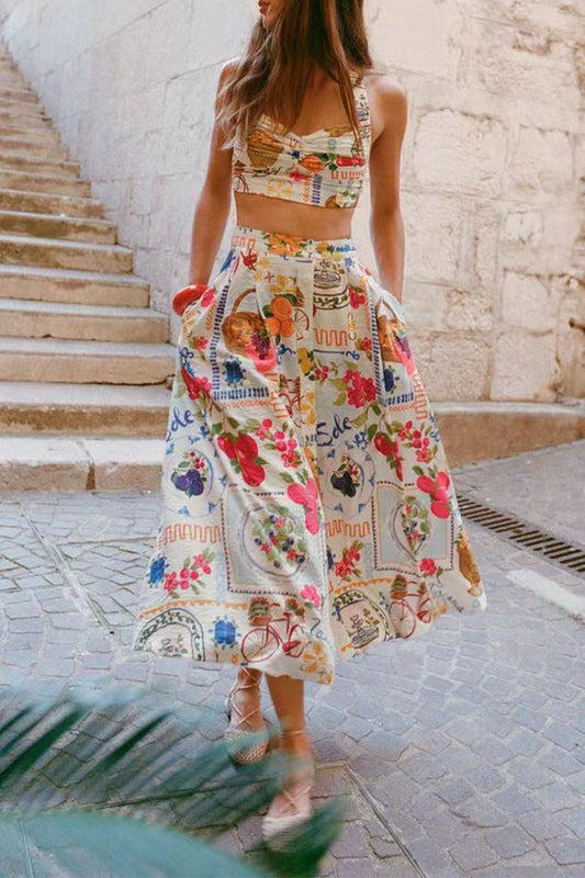 WW | Elegant Floral Print Bag Ruffle Contrast Square Neck Sleeveless Two Piece