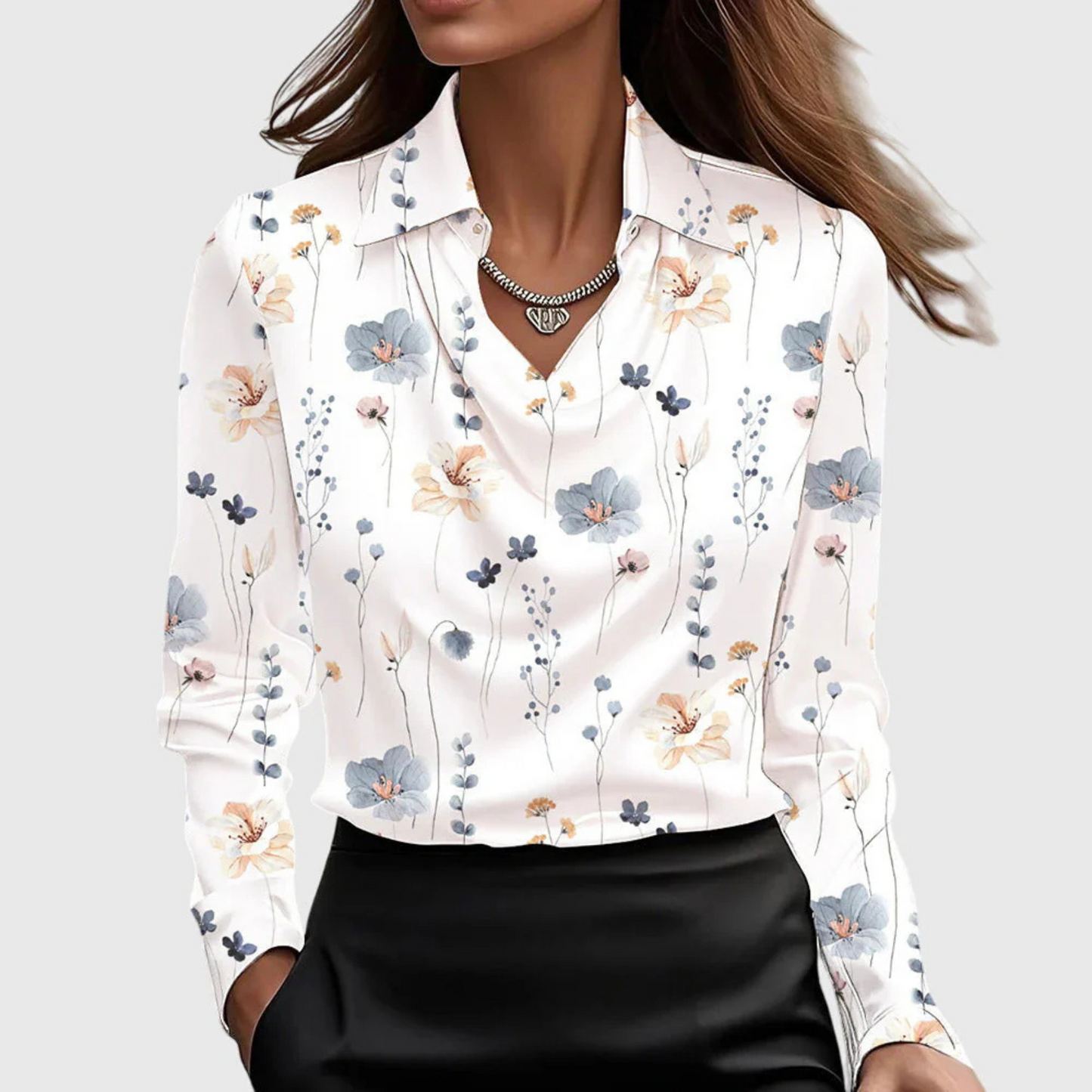 Lynn Elegant Blouse - White with Floral Print
