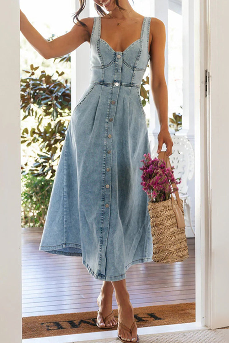 WW | Elegante Einfarbige Knöpfe Patchwork V-Ausschnitt Ärmellose Denim Kleider