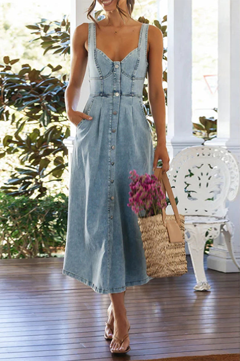 WW | Elegante Einfarbige Knöpfe Patchwork V-Ausschnitt Ärmellose Denim Kleider