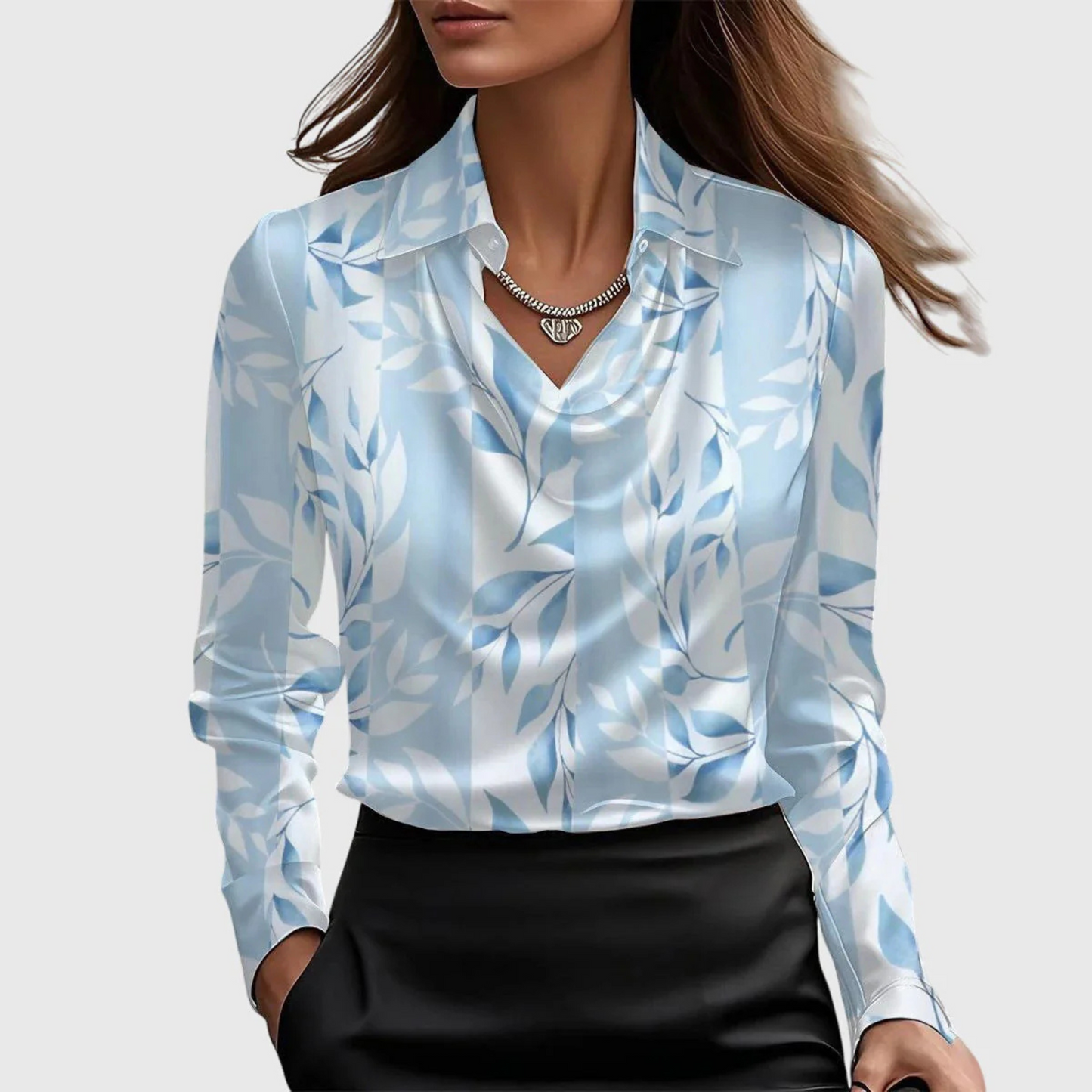 Lynn Elegant Blouse - Light Blue with Leaf Print