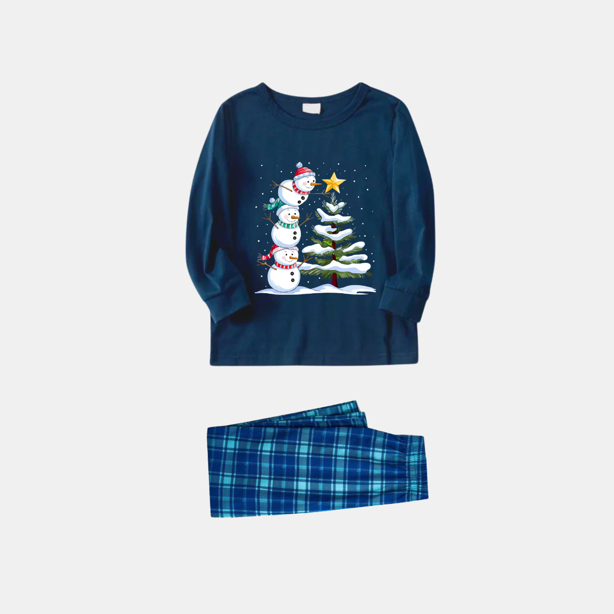 WW | Marine- und Himmelblau Karo Weihnachten Pyjama Set mit Schneemann- und Weihnachtsbaum-Print