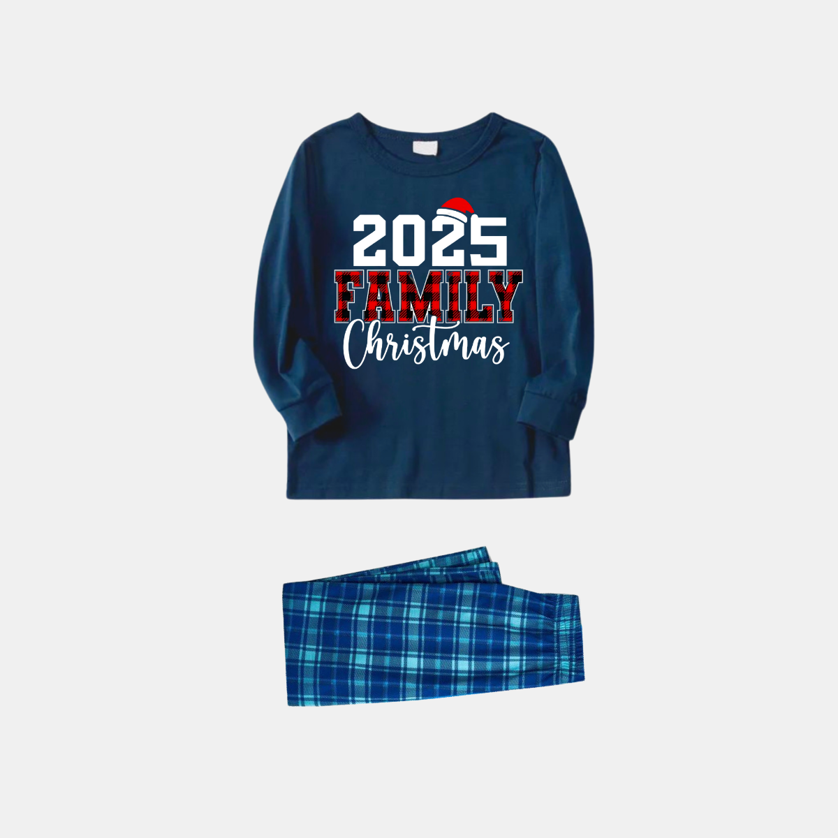 WW | 2025 Family Christmas Text Print Blue Long-Sleeve Shirt with Blue Plaid Family Matching Pajamas