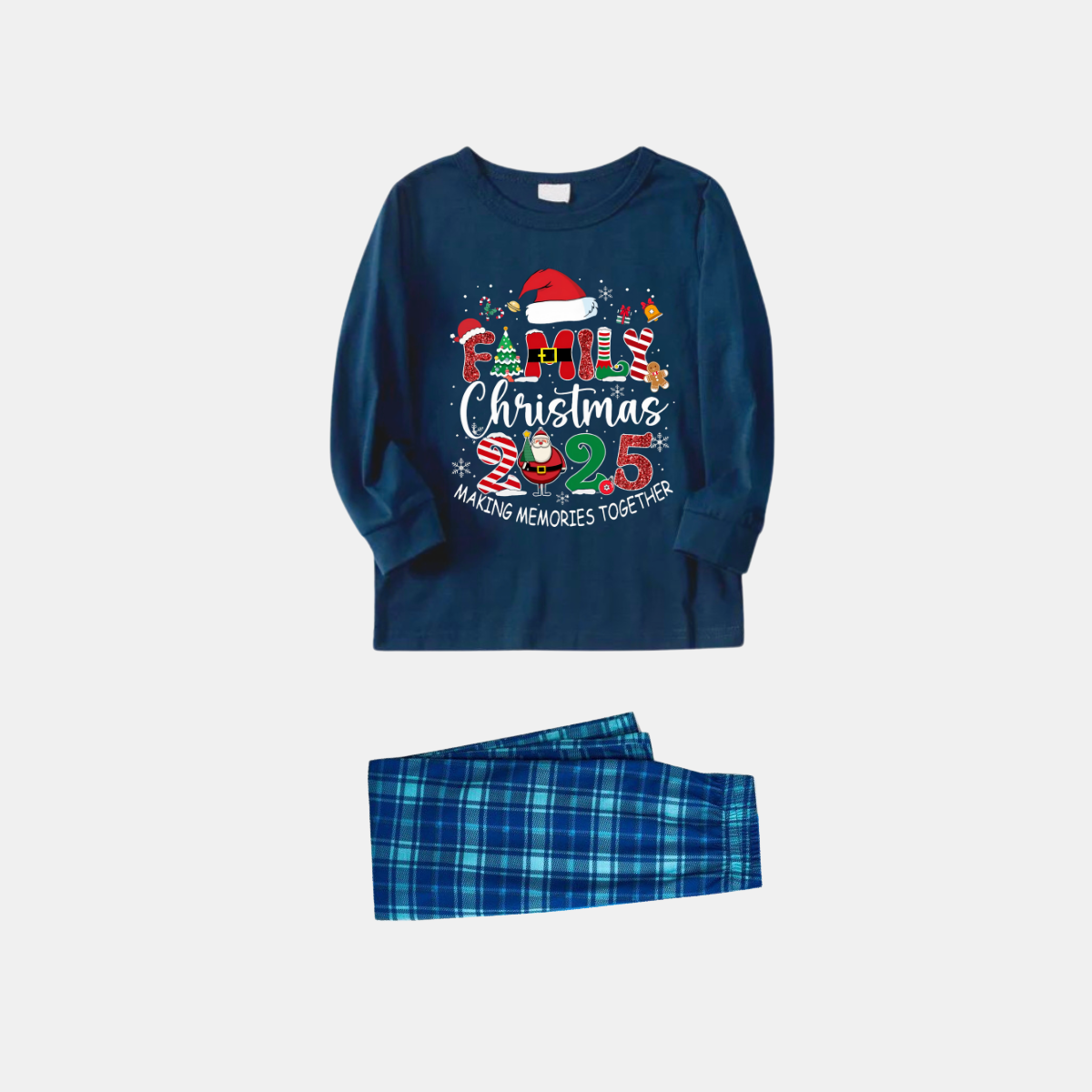 WW | Navy and Sky Blue Plaid Pattern Family Christmas 2025 Creating Memories Together Slogan Pyjama Set