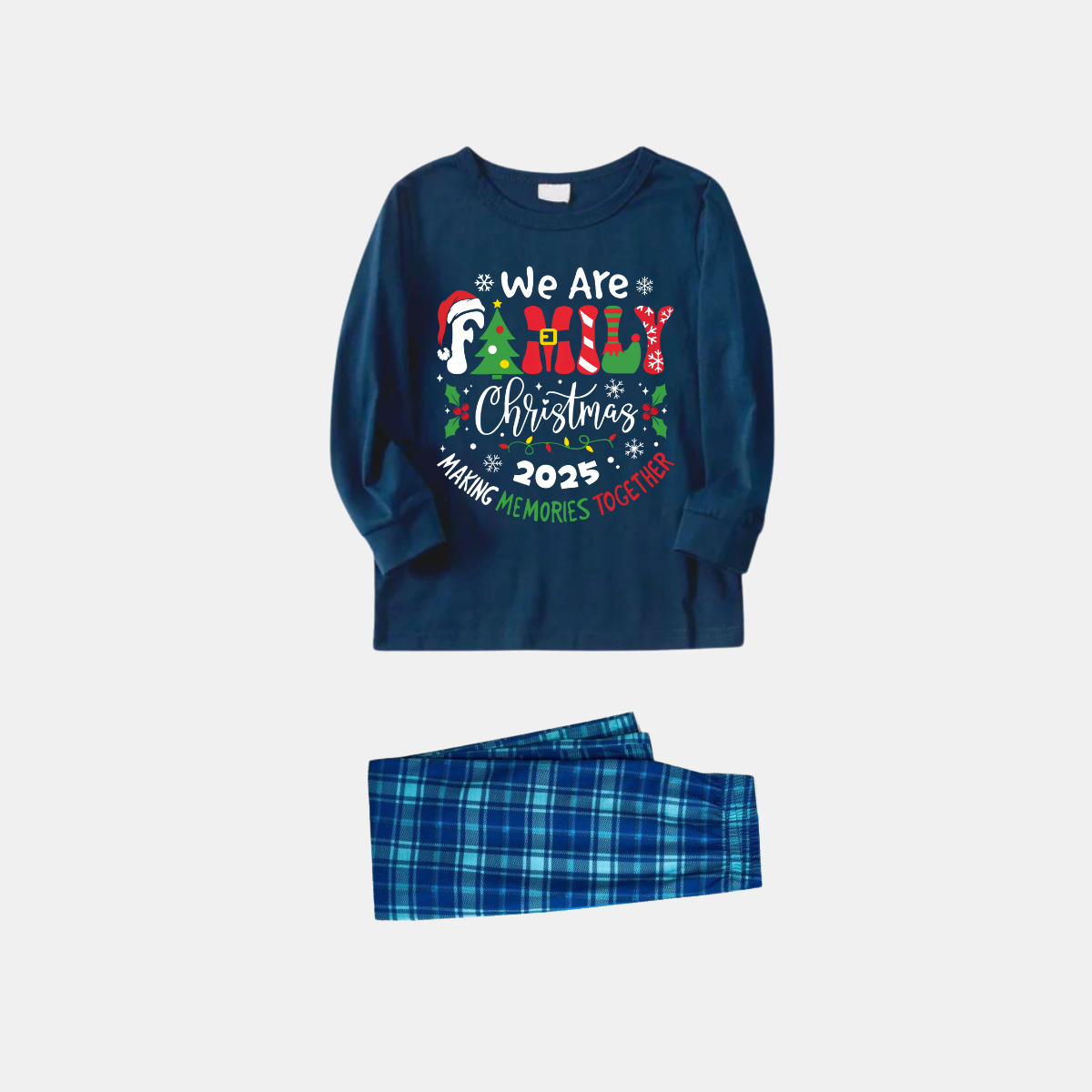 WW | "We Are Family" 2025 Christmas Wreath - Blue Long-Sleeved Top with Blue Plaid Family Pajamas