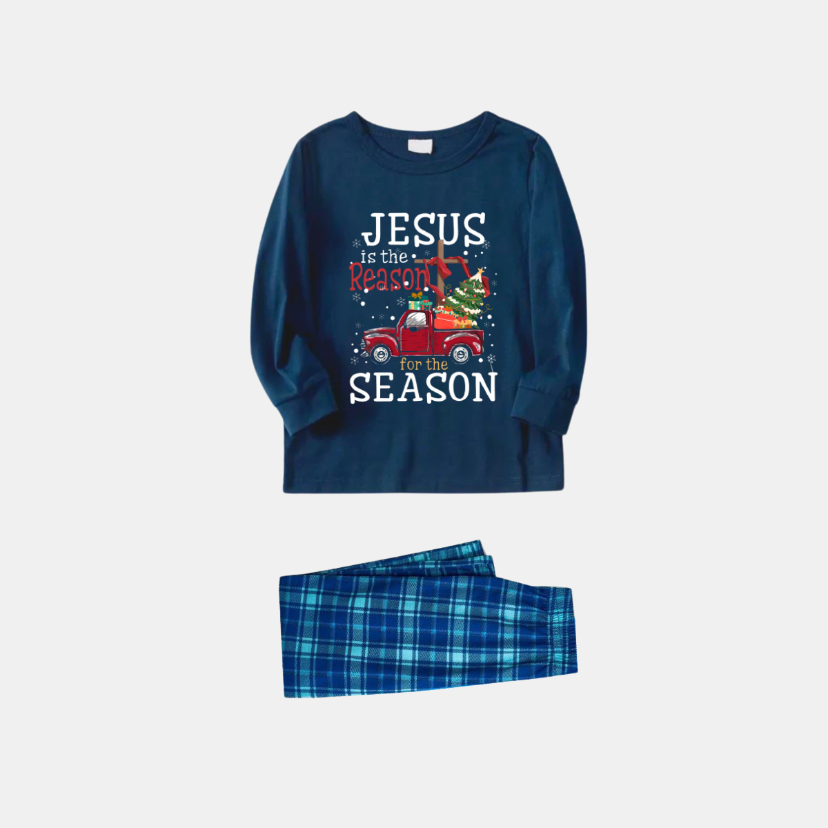 WW | Navy and Sky Blue Plaid Christmas Pajama Set with "Jesus is the Reason for the Season" Text Print