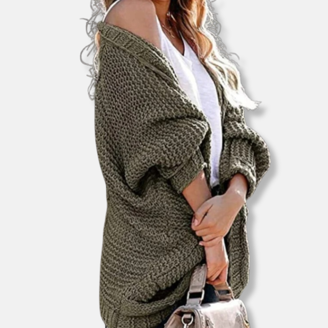 WW | Woll Übergroßer Cardigan - Gerippter Offener Fronttaschen Cardigan