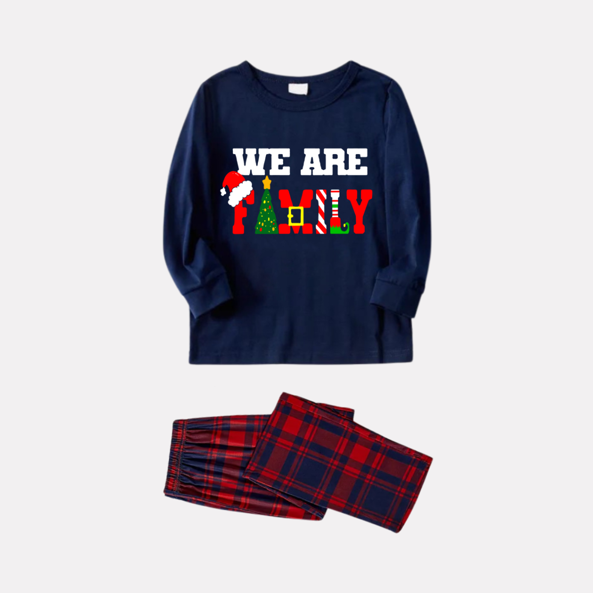WW | Christmas "We are Family" Text Print Blue Long-Sleeved Top with Red and Blue Plaid Family Matching Pajamas