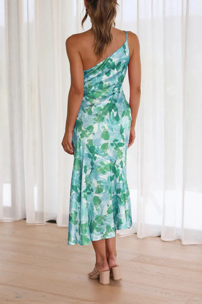 Floral Satin Ruched One-Shoulder Dress