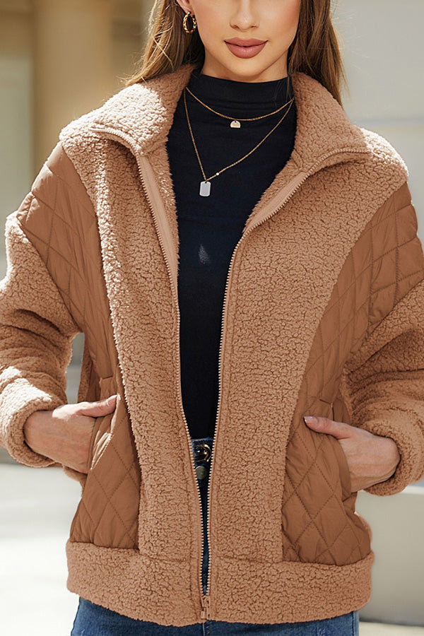 WW | Langarm-Cardigan mit Reißverschluss aus Plüsch-Patchwork Damenjacke