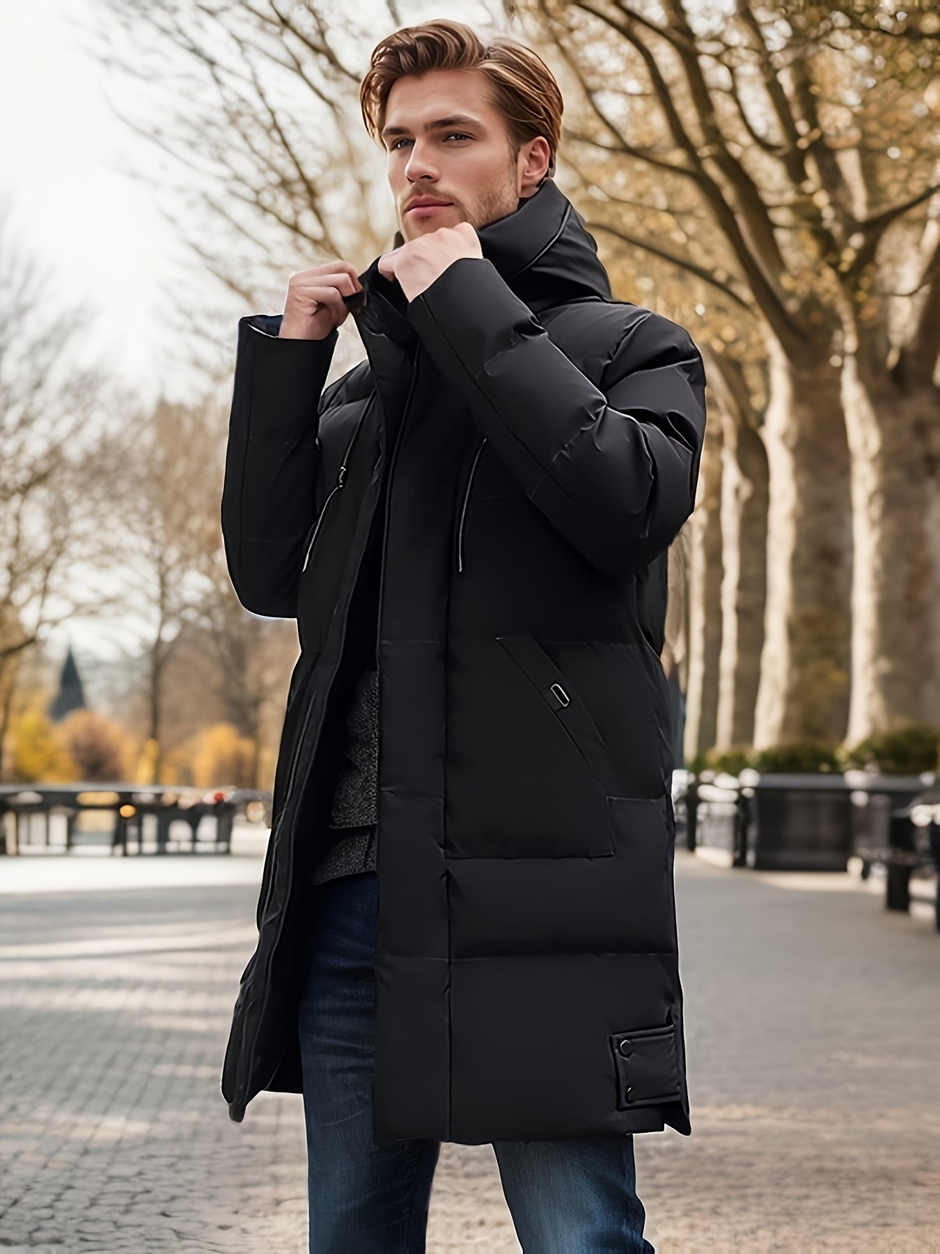 WW | Mid-Length Hooded Puffer Non-Stretch Zip Up Winter Jacket For Men - Perfect for Outdoor Activities