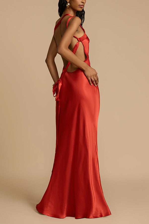 Long satin dress with asymmetric one-shoulder design and open back