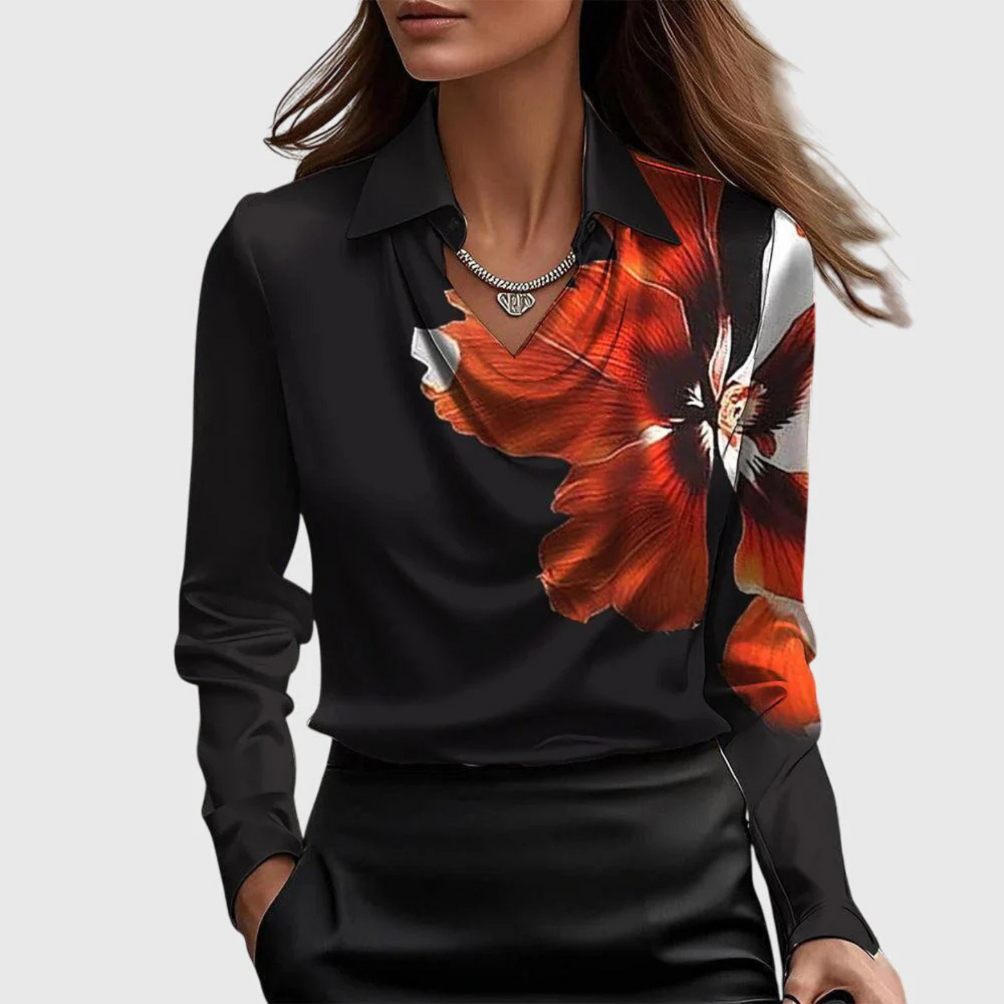 Lynn Elegant Blouse - Red with Floral Pattern