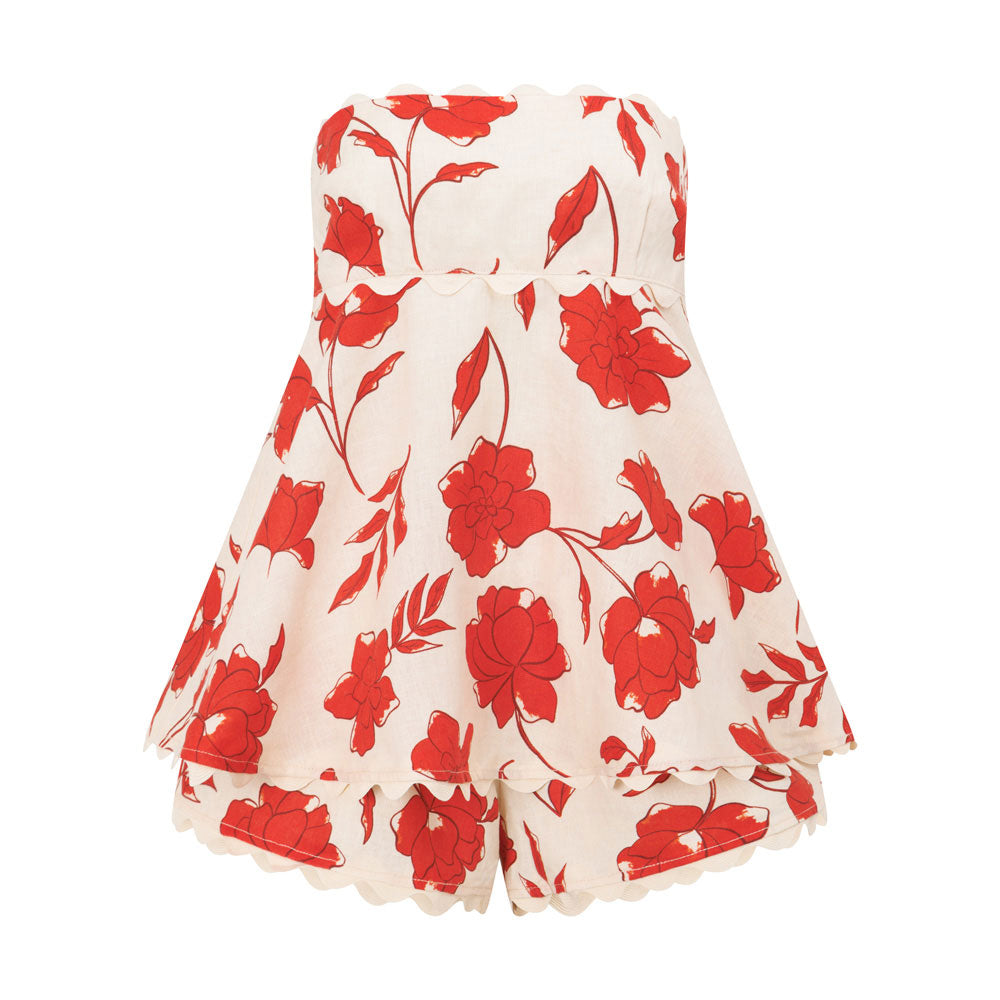 Rosella - Two-Piece Floral Print Ruffled Top and Elastic Waist Wavy Hem Shorts Set