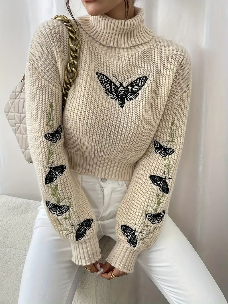 WW | Pullover with Butterfly Pattern and High Collar - Elegant Women's Fashion