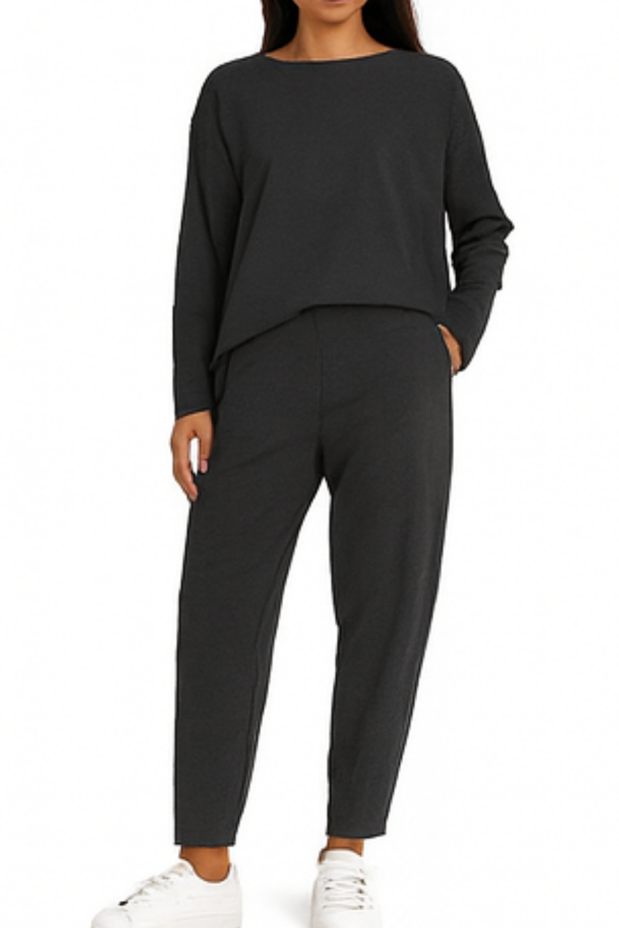 Alie Two-Piece Set with Round Neck & Long Sleeves - Black