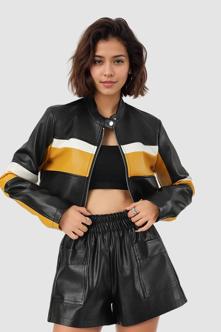 WW | Block PU Leather Biker Jacket