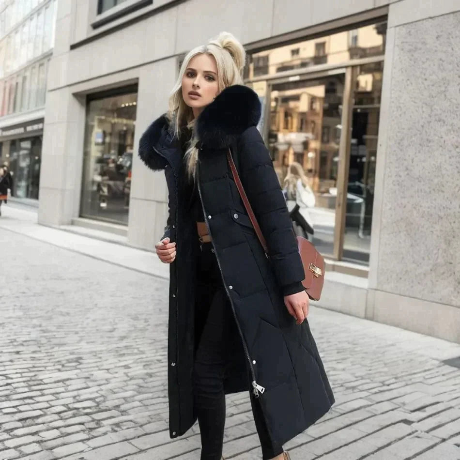 WW | Lange Daunenjacke Gestepptes Design Abnehmbarer Kapuze mit Kunstfell