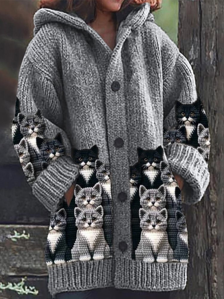 WW | Cozy Knitted Cat Print Cardigan
