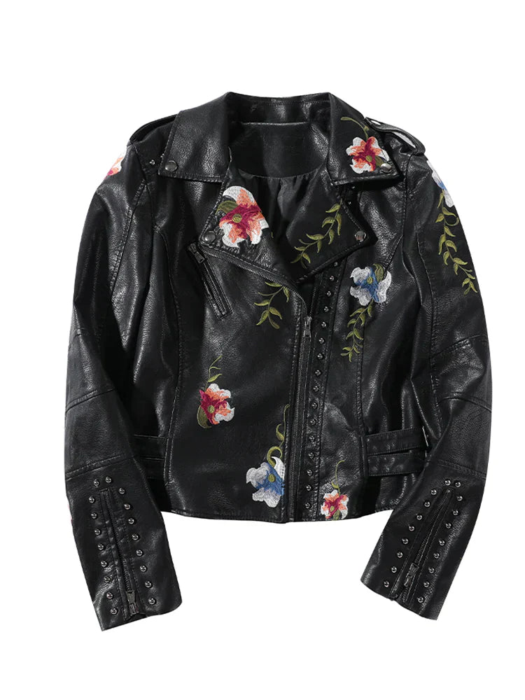 WW | Damen-Lederjacke mit Nieten-Akzent und Blumenmuster