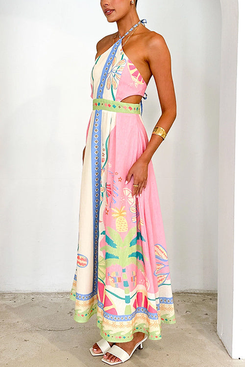 WW | Halter Lace-Up Backless Rio Print Maxi Dress