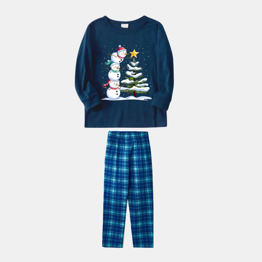 WW | Navy & Sky Blue Plaid Christmas Pajama Set with Snowman & Christmas Tree Print