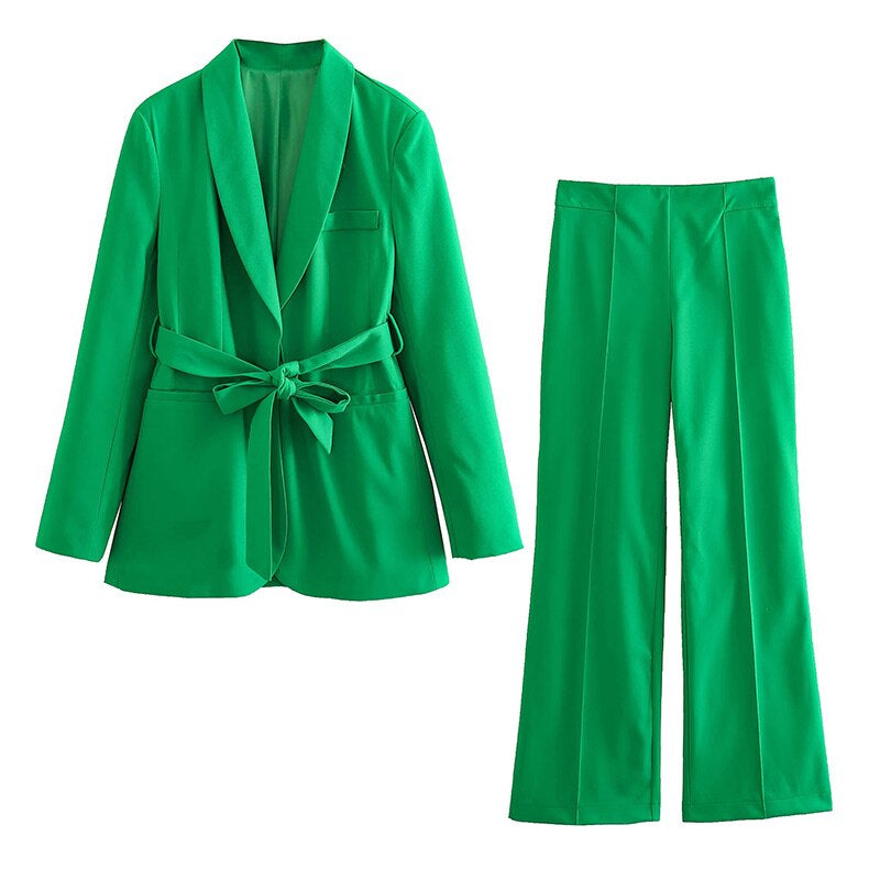 WW 2-Piece Women's Suit | Elegant Blazer with Belt and Matching Trousers