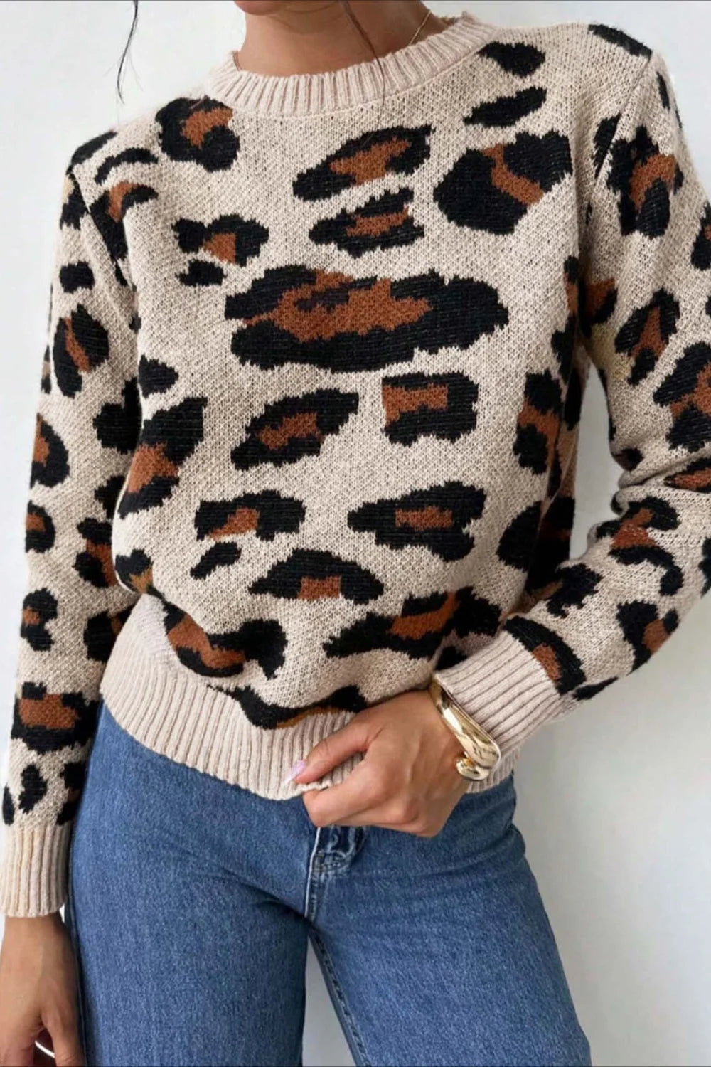 WW | Stylish sweater with color blocking, leopard print, and round neckline